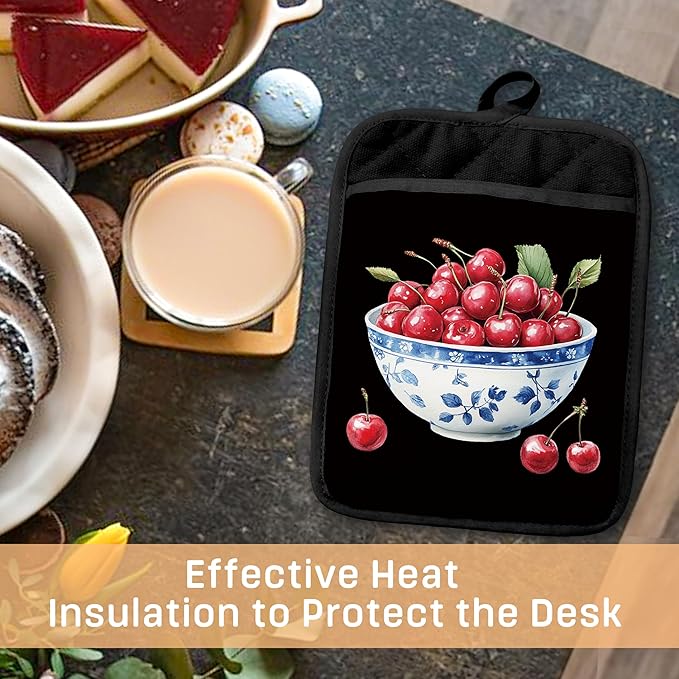 Chinoiserie Cherry Cake Pot Holders with Pockets, Red and White Grandmillennial Cherry Fruit Oven Pot Holders Heat Resistant Oven Mitts Hot Pads for Kitchen Baking Cooking
