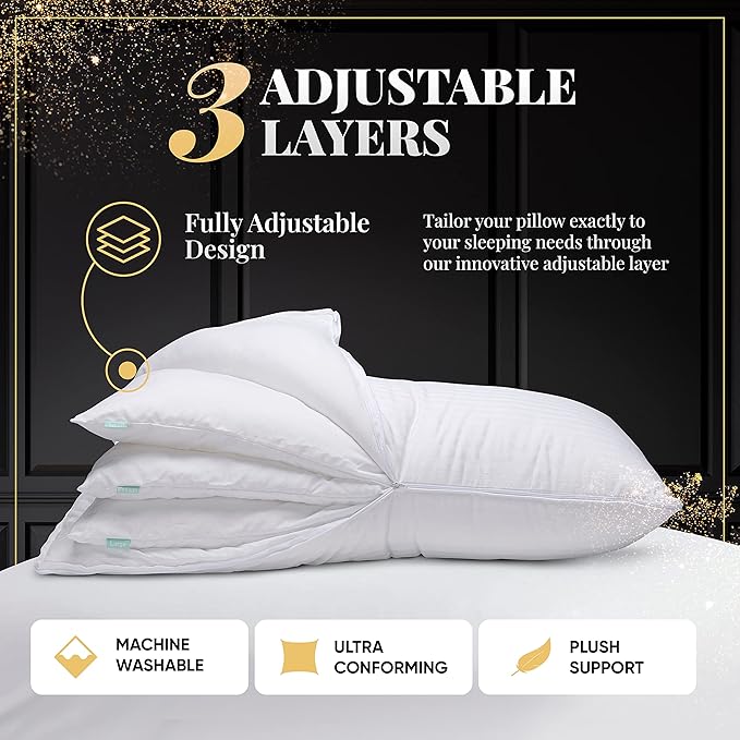 EverSnug Adjustable Layer Luxury Set of 2 Pillows for Side, Front & Back Sleepers, Cooling Hotel Pillows with 3 Layers, Down Alternative Pillow (Standard)