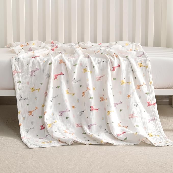 NTBAY 2 Layer Muslin Cotton Baby Swaddle Blanket, 42x60 Soft and Breathable Receiving for Newborns and Infants, Perfect for Crib, Stroller, Travel, Lightweight Nursery Blanket, Cartoon Giraffe