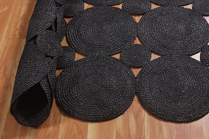 Scalloped Edge Rug, Hand Woven Natural Jute Area Rug, 10x14 Ft Black Braided Sisal Kilim Rugs for Living Room, Kitchen, Entryway, Farmhouse