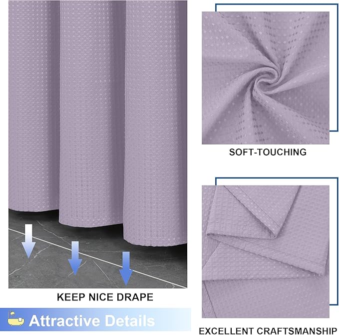 OVZME Waffle Shower Curtain Set for Bathroom, Textured Heavy Duty Fabric Bath Curtains, Luxury Hotel Weighted 230GSM Bathroom Decor with 12 Plastic Hooks, Machine Washable, 72Wx72L, Lavender