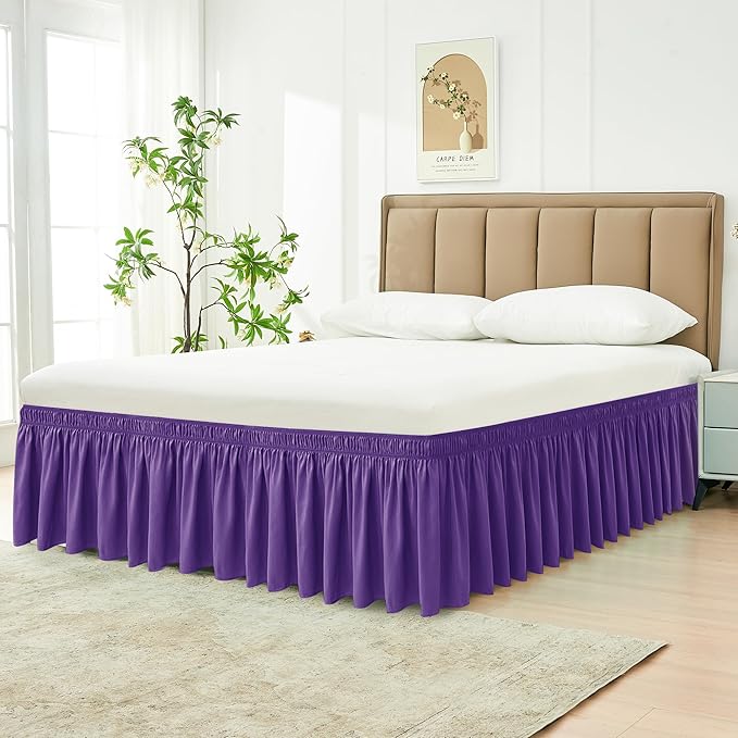 Biscaynebay Wrap Around Bed Skirts for Full & Full XL Beds 15" Drop, Purple Adjustable Elastic Dust Ruffles Easy Fit Wrinkle & Fade Resistant Silky Luxurious Fabric Machine Washable