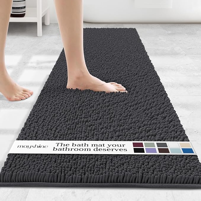 MAYSHINE Plush Shaggy Chenille Bath Mat | Extra Soft, Super Absorbent, Non-Slip Bathroom Rug | Fluffy Microfiber, Area Rug Sets for Bathroom Floor, Kitchen, Living Room | 71"x31" | Charcoal Gray