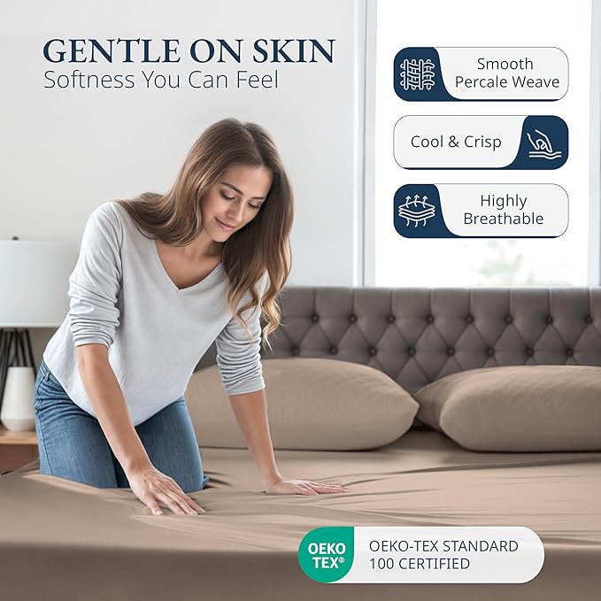 LANE LINEN Full Fitted Sheet, 100% Organic Cotton, 3-Piece Set (1 Fitted Sheet,2 Pillowcases), Percale Weave, Full Bed Bottom Sheet, Ultra Soft, Fits Mattress Upto 15" Deep - Taupe(No Flat Sheet)