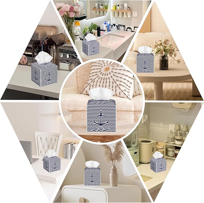 BLYKVGHQ Square Tissue Box Cover Nautical Anchor on Blue and White Stripes Tissue Box Holder Facial Cube Paper Dispenser Leather Decorative Organizer Home Office Desk Decor, 5.2"x5.2"x5.2"