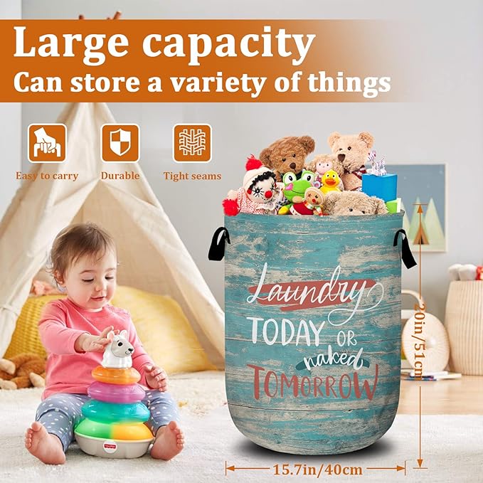 Laundry Today or Nacked Tomorrow Laundry Basket with Sturdy Handles, Blue Wood Grain Funny Collapsible Oxford Cloth Laundry Hamper Organizer Basket for Bathroom Bedroom 15.7x20 Inch