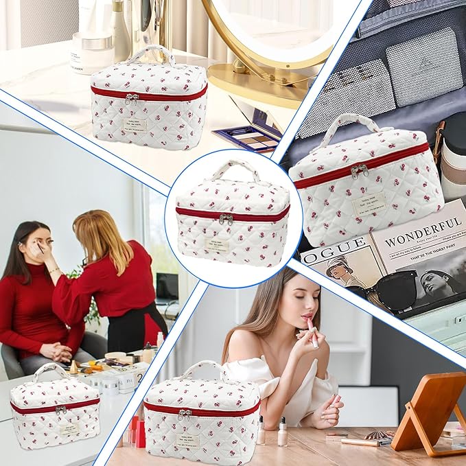 Cozomga Quilted Makeup Bag, Large Capacity Travel Cosmetic Bag for Women and Girls, Aesthetic Storage for Daily and Travel Use (Bigcherry Quilted)