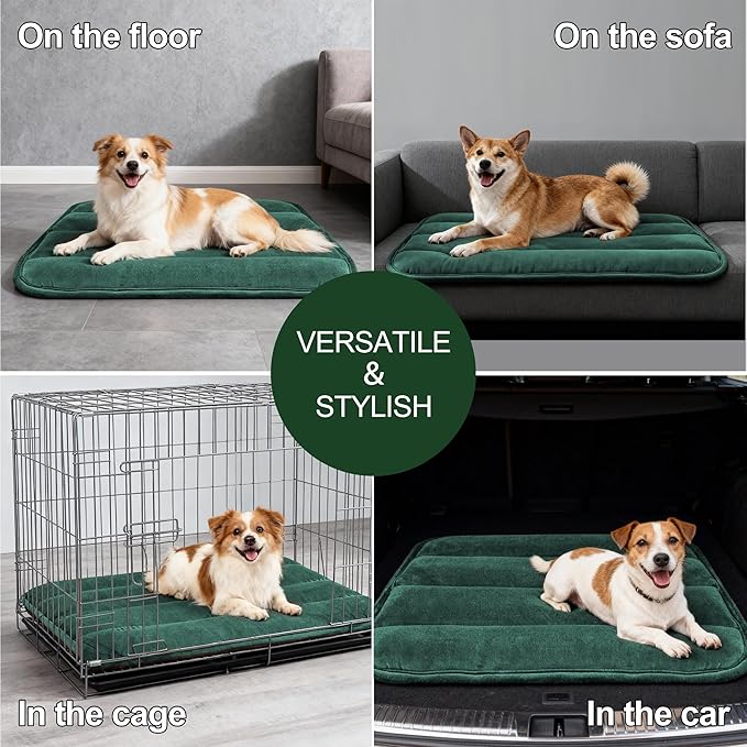 Fogkiss Dog Bed Mat, Reversible Dog Crate Pad with Washable Kennel Mat and Soft Foam, Flat Pet Bed for Dogs & Cats, for Crates Carriers & Travel (Green, 28" L*16" W*1.5" Th)