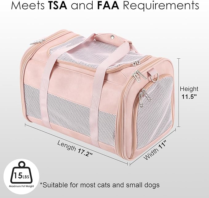 Monanller Fashion Leather Dog Carrier, Airline Approved Cat Carrier Soft Sided Pet Bag Carrier Purse for Puppy Kitten Small Animals Pink