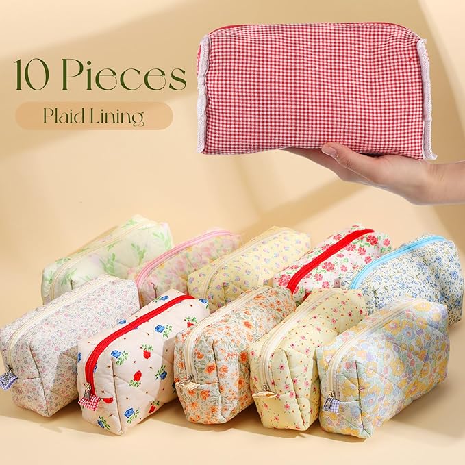 Paterr 10 Pcs Quilted Makeup Bag Bulk Cotton Floral Cosmetic Bag Women Girls Bridesmaid Gifts Cute Makeup Pouch Coquette Aesthetic Travel Toiletry Organizer(Classic Style,7.87 x 4.72 x 3.15 Inches)
