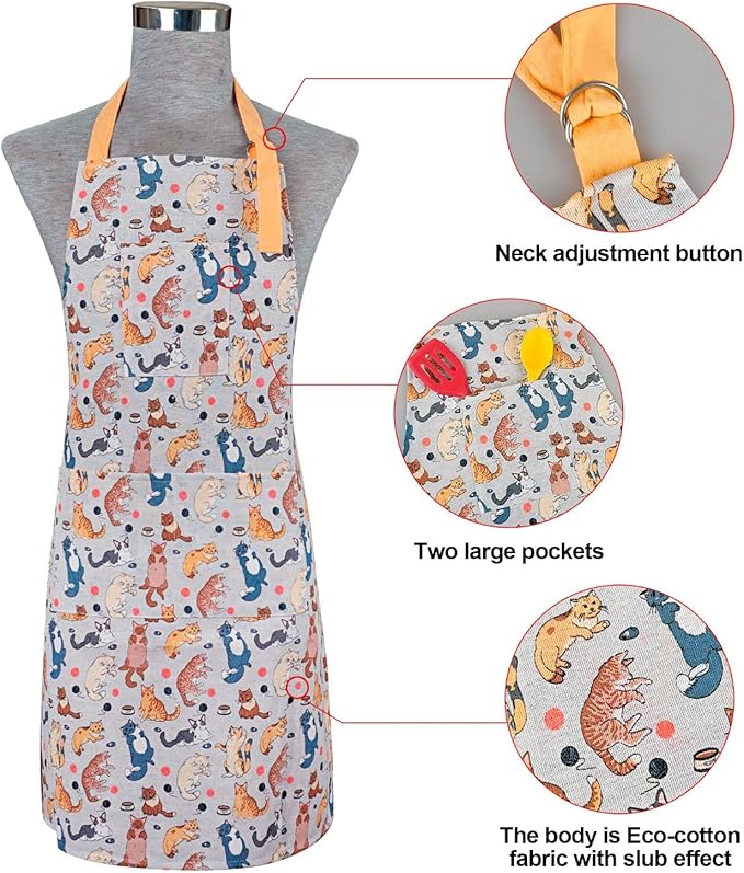 Oven Mitts and Pot Holders with Chef Apron,Set of 5 Heat Resistant Kitchen Gloves and Silicone Non-Slip Potholders Adjustable Neck Buckle Chef Apron, Cotton Nice Design for Cooking (Cat)