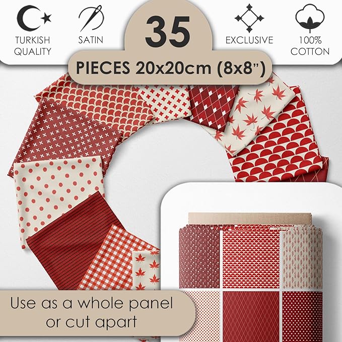 Cotton Satin Patchwork Fabric Panel – 35 Designs, 20×20 cm Squares, Single Piece 150×110 cm, Red Patchwork Quilt Fabric (Scarlet Love Patchwork Set, 35pcs 8x8 inch)