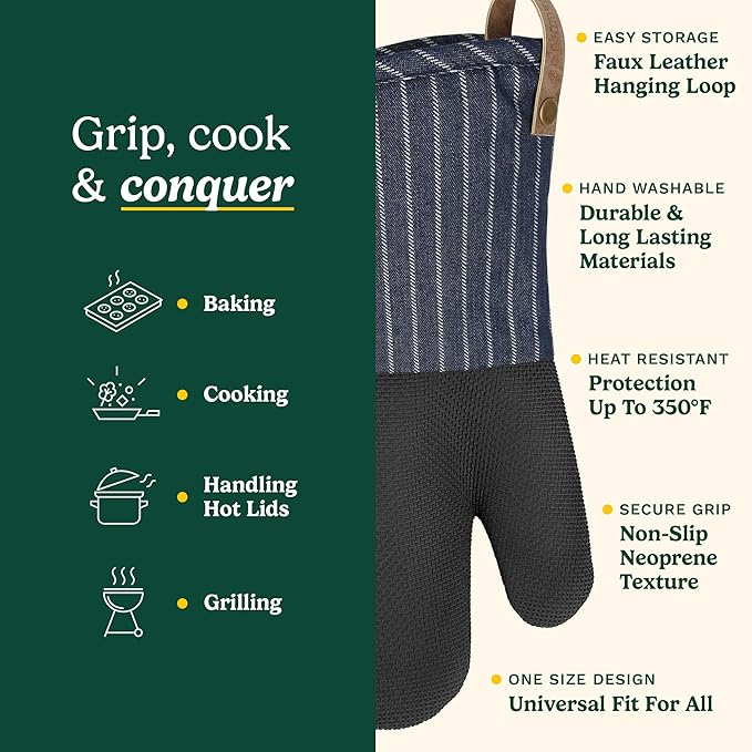 Cuisinart Heritage Kitchen Oven Mitts – Heat-Resistant Mitts for Oven with Non-Slip Neoprene Palm, Long Cuff, and Cotton Filling – Durable Oven Gloves for Cooking, Baking & Grilling (Denim Pinstripe)