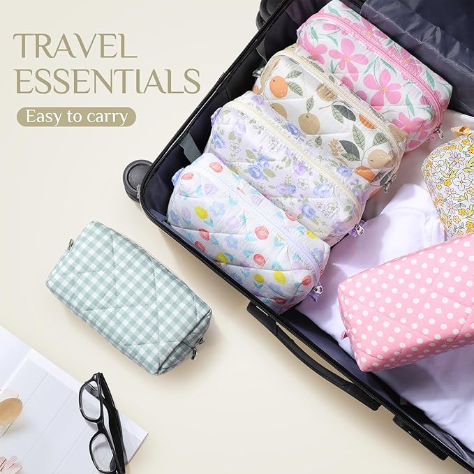 Paterr 10 Pcs Quilted Makeup Bag Bulk Cotton Floral Cosmetic Bag Women Girls Bridesmaid Gifts Cute Makeup Pouch Coquette Aesthetic Travel Toiletry Organizer(Gingham Floral,7.87 x 4.72 x 3.15 Inches)