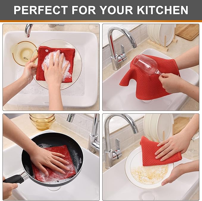 Kitinjoy 100% Cotton Kitchen Dish Cloths, 6 Pack Waffle Weave Ultra Soft Absorbent Dish Towels for Drying Dishes Quick Drying Kitchen Towels Dish Rags, 12 X 12 Inches, Brick Red