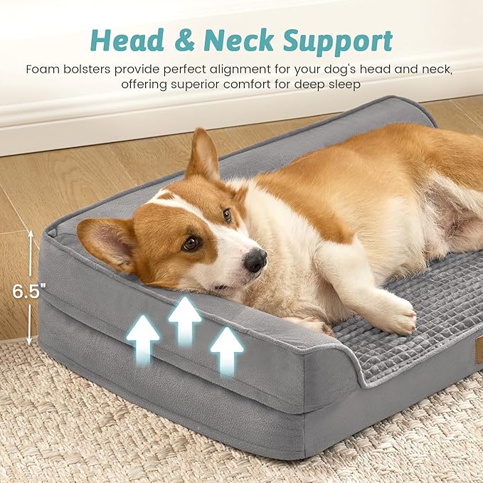 COZY KISS Orthopedic Dog Bed for Large Medium Size Dog, Dogs Crate Bed, L Shaped Foam Anti-Slip Bottom Pet Cat Sofa with Washable Removable Cover, Suitable for Pet Up to 75 lbs, 36x27x7.5 inch, Grey