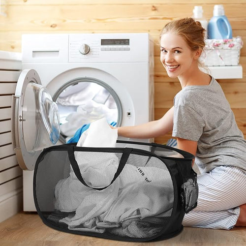 2 Pcs Durable Collapsible Laundry Baskets - Reinforced Mesh Pop Up Laundry Hamper with Pocket, Foldable Dirty Clothes Hamper with Carry Handles for Laundry, Bathroom, Kids Room, Dorm or Travel Black