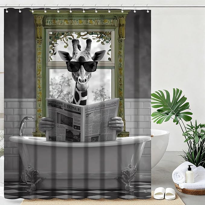 mutakin Rustic Shower Curtain Giraffe Reading Newspaper Shower Curtains for Bathroom Waterproof Fabric Bath Curtain Decor with Hooks
