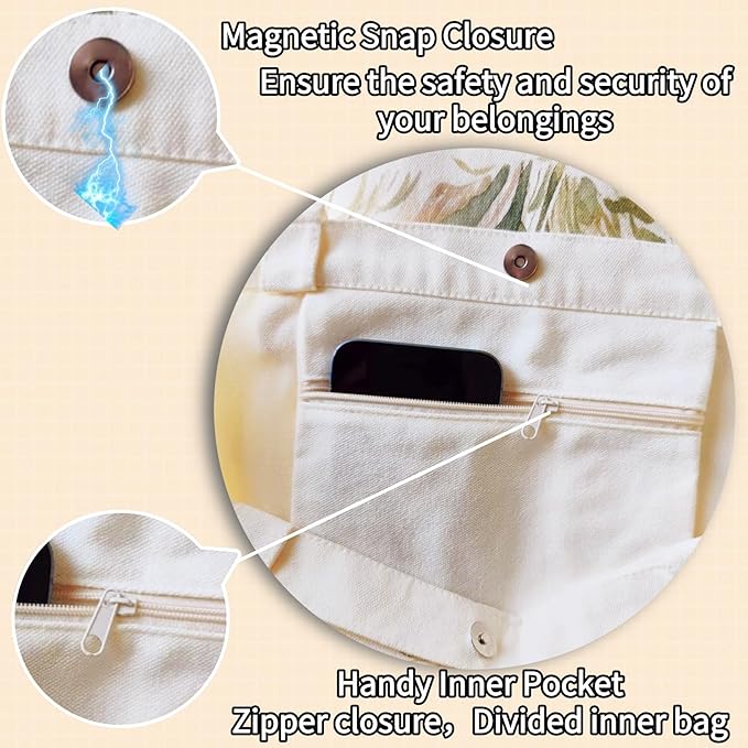 NOFKYNOXA Canvas Tote Bag for Women Girls - Reusable Cotton Tote with Magnetic Buckle & Zipper Inner Pocket | Canvas Tote Bag, Magnetic Buckle, Zipper Inner Pocket, 15.7" x 15.7"