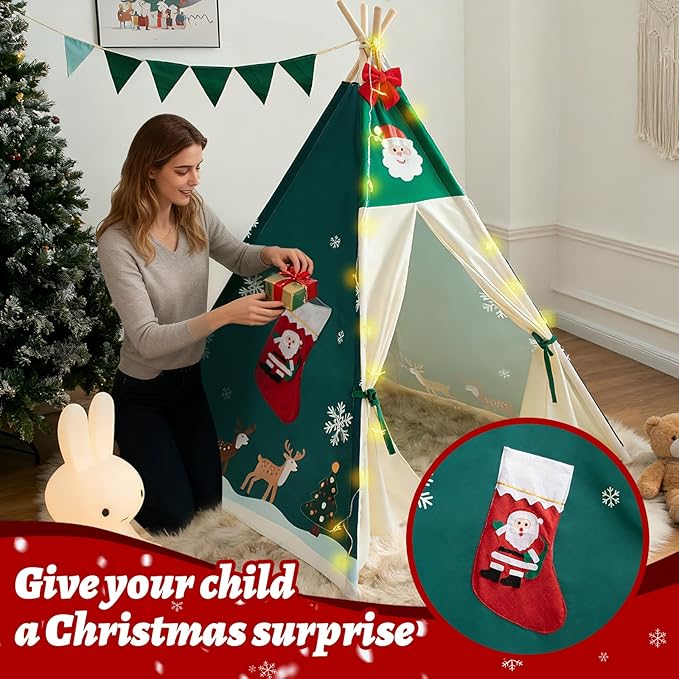 Duwenem Teepee Tent for Kids, Play Tent with Padded Mat & Star Lights, Indoor Play Tent for Girls & Boys (Christmas Teepee, 47 * 47 * 60in)