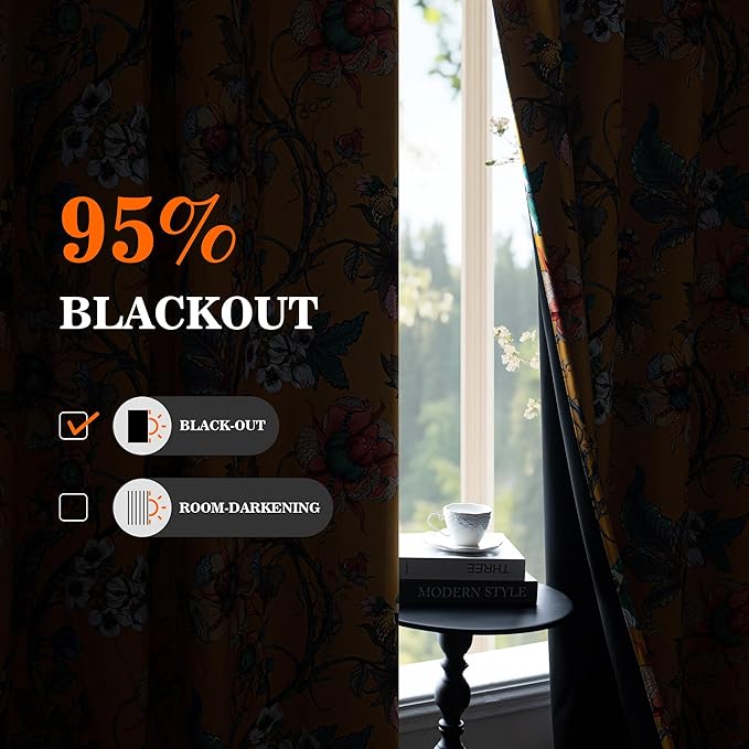MYSKY HOME Yellow Floral 95% Blackout Curtains 84 Inches Long for Living Room Bedroom Thermal Insulated Light Blocking Noise Reducing Flower Printed Vintage Window Treatments Grommet, 2 Pcs, 52" Wide