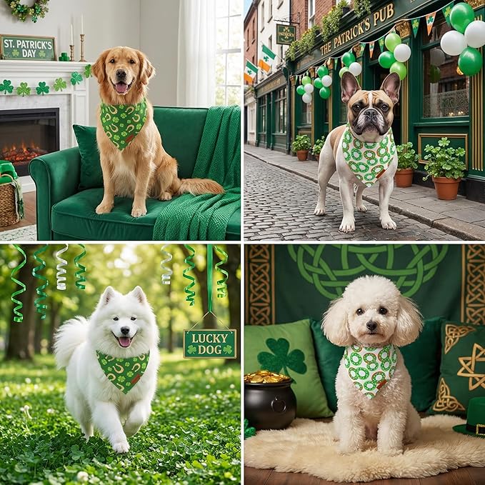 PTDECOR St. Patrick's Day Dog Bandana, Irish Reversible Pet Scarf, Premium Durable Fabric, Green Shamrock Donuts Pet Bandanas for Extra Large Dogs (X-Large)