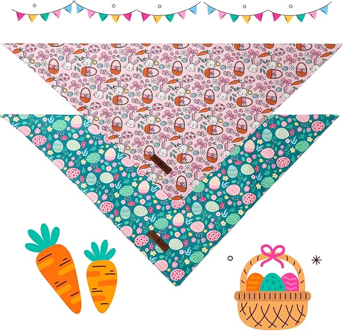 Lionet Paws Easter 2pcs Dog Bandanas, Pink Cute Rabbit Egss Dog Scarf Bib Premium Fabric, Happy Easter Green Bandanas for Small Medium Dogs Pets
