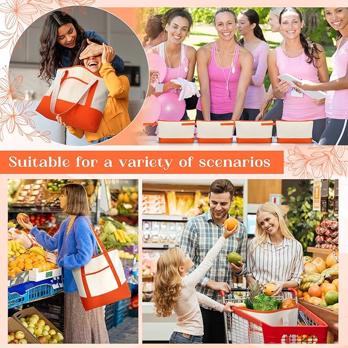 Sanwuta Canvas Tote Bags Bulk with Outer Pocket and Makeup Pouch 18'' Reusable Grocery Bags with Handles for Women Beach DIY