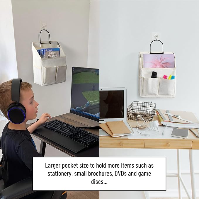 HZZTY BRNY 2pcs Wall Hanging Storage Bag, Small Door Closet Linen Fabric Pockets Organizer, Waterproof Multi Functional for Living Room Bedroom Bathroom Kitchen RV Camper with Hooks All White