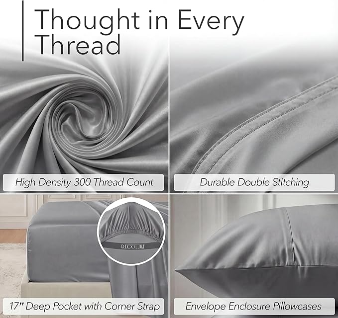 DECOLURE 100% Viscose Derived from Bamboo Sheets Queen Size - Luxury 6 Pc Naturally Cooling Sheets, Ultra Soft Bed Set - Deep 17" Pockets, Durable Double Stitching, Oeko Tex Standard (Midgrey)