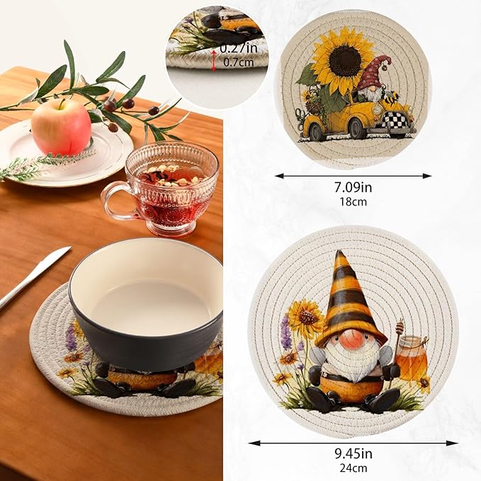 Boccsty Spring Gnome Trivets for Hot Pots and Pans Sunflower Truck Pot Holders 2PCS Hot Pads Kitchen Pot Holder for Counter Table Countertop Farmhouse