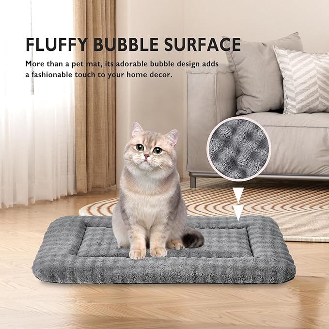 Yaning Pet Bed Mat Crate Pad for Cats Small Dogs, Washable Soft Pet Sleeping Mat Kennel Pad with 3D Bubble Pattern, Grey, 24"x 18"