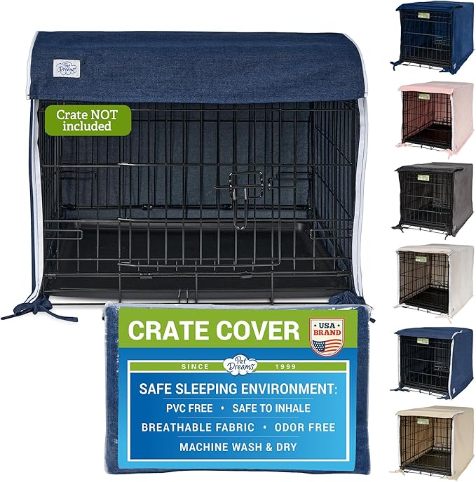 Pet Dreams Dog Crate Cover - Breathable Fabric Kennel Topper for Double-Door Crates, Fits iCrate Dog Cages 18, 24, 30, 36, 42, 48 Inches (Denim, Medium, 30")