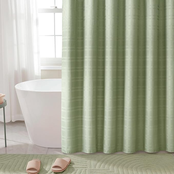 TURKIO Sage Green Shower Curtain Waffle Weave Shower Curtain Striped Fabric Shower Curtains for Bathroom, Green Bathroom Decor, (72Wx72H, Sage Green)