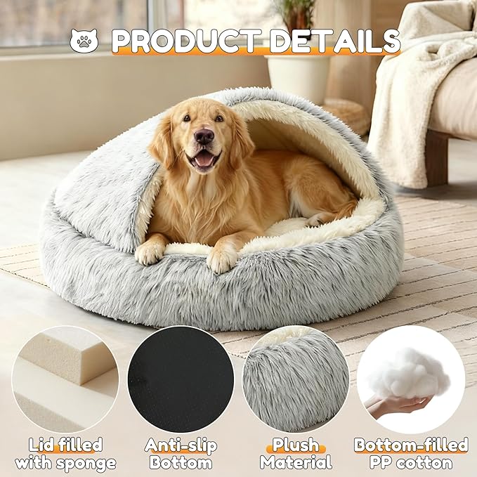 SUOXU 2-in-1 Dog Bed: Upgraded Aluminum Rim Support & Non Slip Bottom - Cozy Cave + Blanket for Large Medium Dogs Under 20 kg (44 lbs) | Plush Self-Heating for Border Collie, Labs