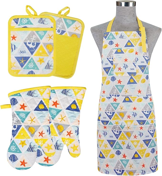 Oven Mitts and Pot Holders with Chef Apron,Set of 5 Heat Resistant Kitchen Gloves and Silicone Non-Slip Potholders Adjustable Neck Buckle Apron, Cotton Nice Design for Cooking (Sea Fish)