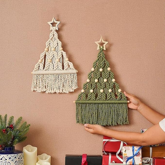2 Set DIY Macrame Christmas Tree Kit, 6 Set Christmas Tree Craft Starter Kit with Instructions Boho DIY Wall Hanging Art Decor Festive Activity Supplies for Beginners