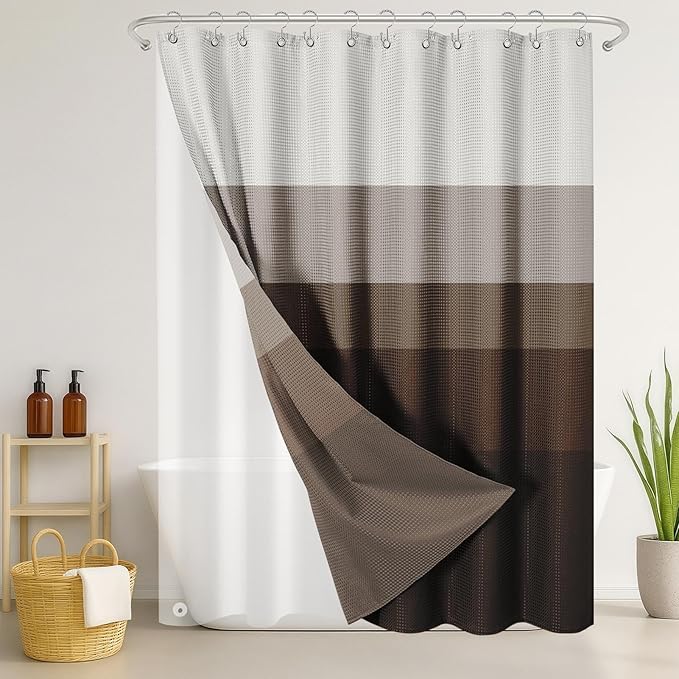 Nesphy Shower Curtain and Liner, Brown Ombre Striped 3 in 1 Shower Curtain and PEVA Liner Set with 12 Rust-Resistant Metal Hooks, Waterproof Fabric Shower Curtains for Bathroom, 72 W x 72 H