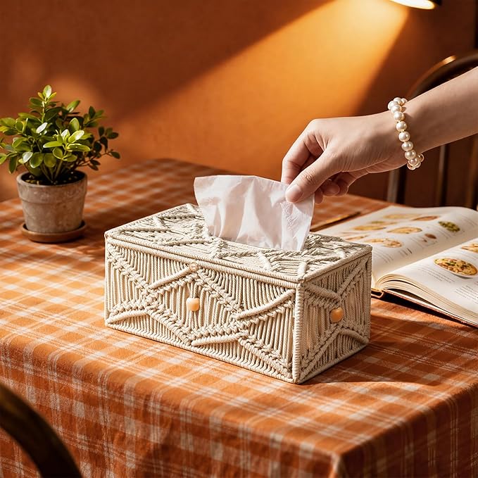 KaloKalo Handmade Tissue Box Cover Rectangle Decorative Macrame Boho Tissue Holder Cotton Rope Woven Napkin Facial Paper Organizer Bohemian Desk Storage Container with Buckle Wood Beads (Ivory)