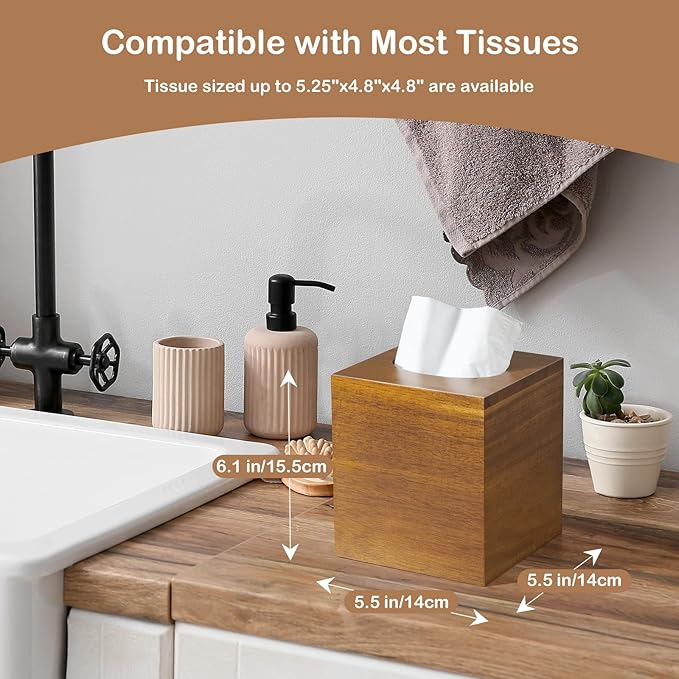 GCWSTJK Acacia Wood Tissue Box Cover - Square Thick Tissue Box Holder for Cube Boxes, Smooth Polished Decorative Wooden Tissue Holder for Bathroom, Bedroom, Dining Table, Kitchen or Office