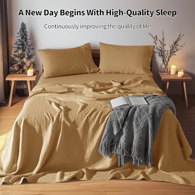 LBRO2M 100% Linen Sheet Set Queen Size,Bed Sheets 4 Piece Sets,Solid Color Natural Flax Bed Sheets Soft Breathable Bedding,16" Deep Pocket,All Season (Queen, Rust)