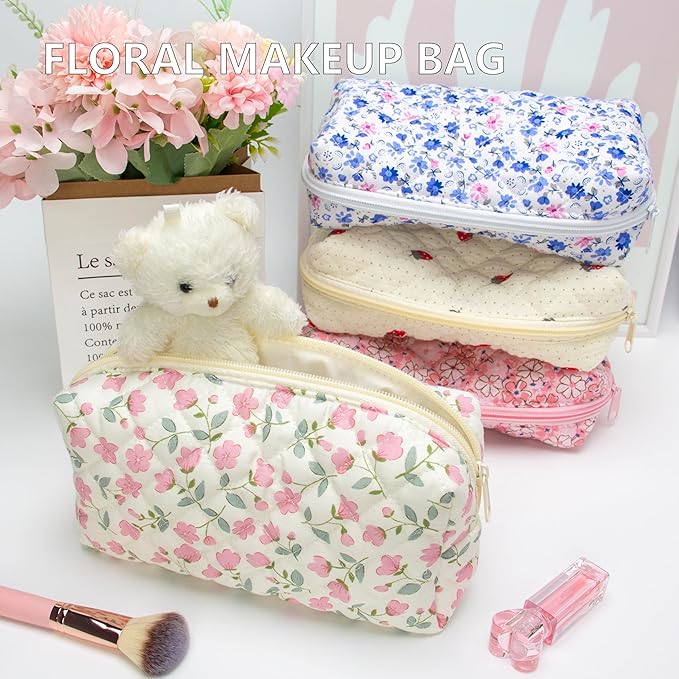 PAZIMIIK 6PCS Vintage Quilted Makeup Bag SET Cosmetic Pouch for Brushes Pencils and Travel Make Up Accessories for Women and Girls Flower White