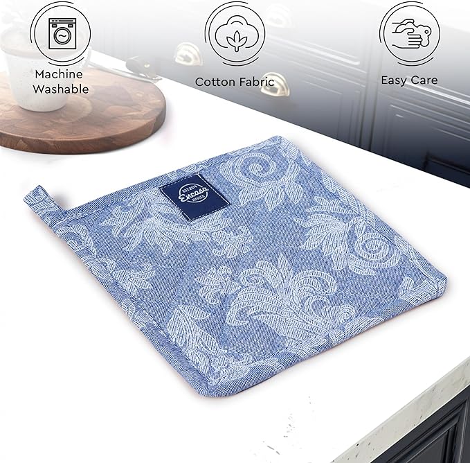 Pot Holders for Kitchen | Heat Resistant Pads | Set of 2 | Hot Dish Holder Sets | 8x8 in |for Cooking, Baking, Grilling, Microwave & BBQ, Chambray Blue by Encasa XO
