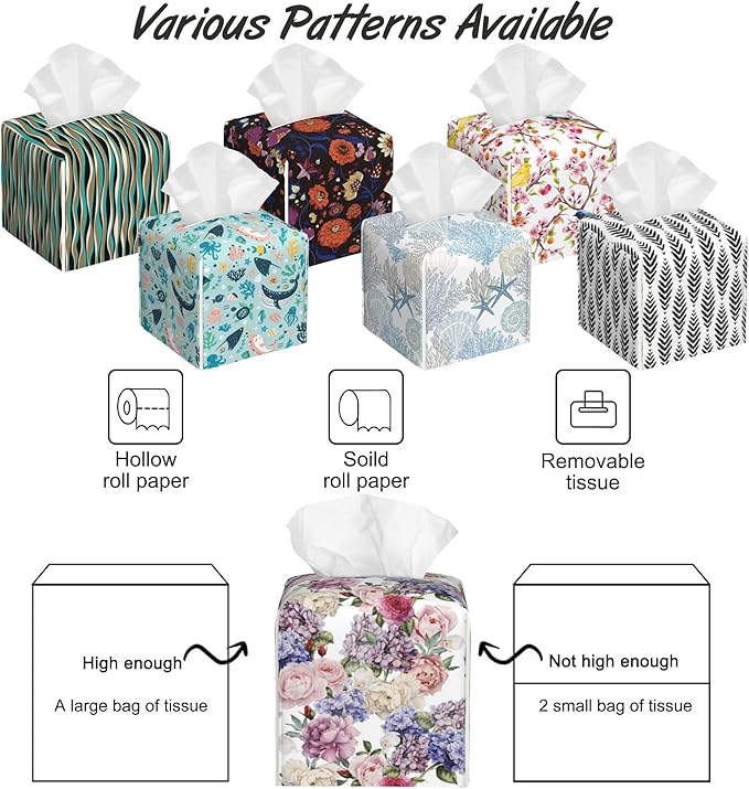 Watercolor Roses Floral Tissue Box Cover,PU Leather Tissue Box Holder Square,Modern Home Decoration for Bathroom Living Room Kitchen Office Car,5.2"×5.2"×5.2"