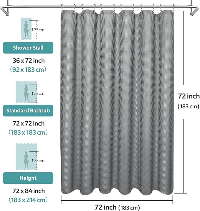 Vipfree 3 in 1 Shower Curtain Set, Waffle Shower Curtain and Liner Set with 12 Double Sided Shower Curtain Hooks, 258GSM Luxury Weighted Cloth Shower Curtains for Bathroom, 72 W x 72 H, Grey