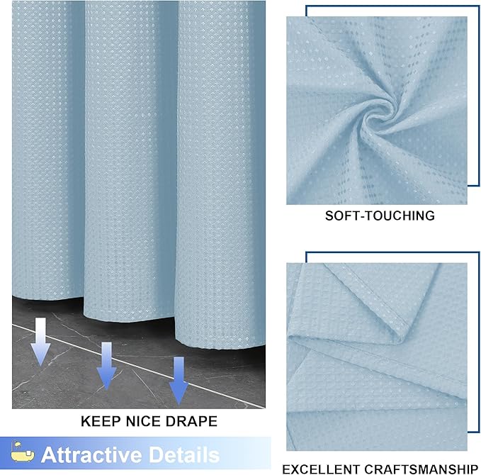 OVZME Extra Long Shower Curtain Set- 96 Inch Long Waffle Weave Heavy Duty Fabric Shower Curtains for Bathroom, Luxury Heavy Duty Thick Cloth Shower Curtain with 12 Plastic Hooks, 72Wx96L, Glacier Blue