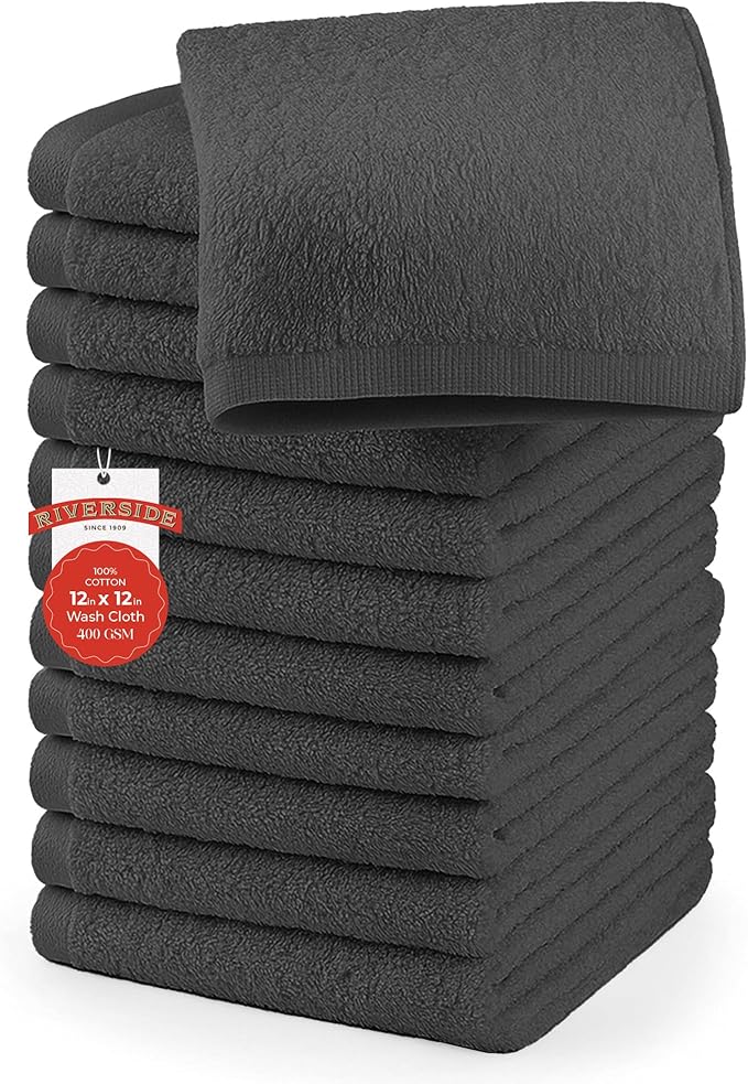 RIVERSIDE 12 Pack Washcloths - 12x12 Inches, 500 GSM, 100% Ring-Spun Cotton - Soft, Absorbent & Durable Face and Body Towels - for Bathroom, Spa, Gym, Makeup Removal & Everyday Use - Grey