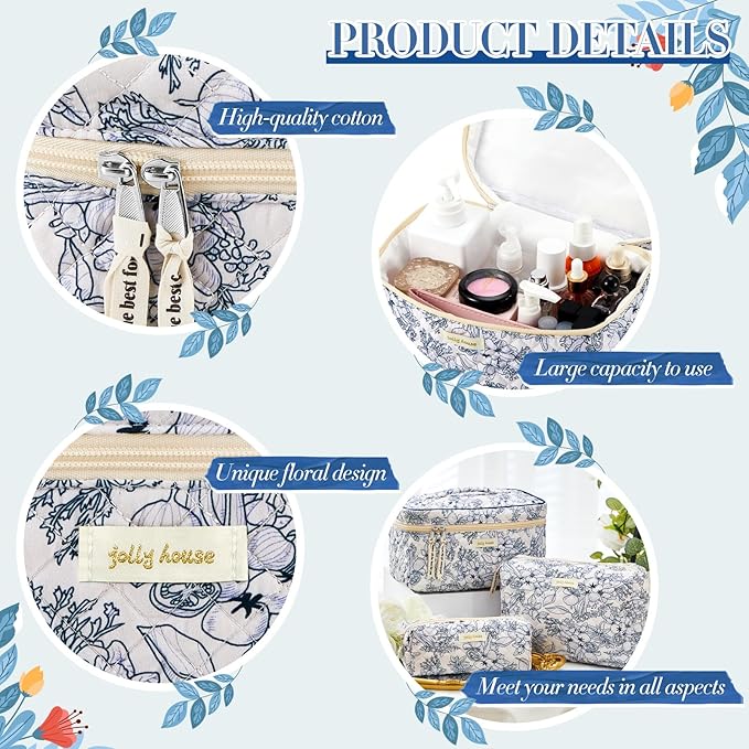 Zeyune 3 Pcs Makeup Bag Quilted Cosmetic Bags Large Floral Makeup Bag Set for Women Cotton Flower Travel Toiletry Storage Cute with Zipper for Women Mom Birthday Gift Home Bathroom(Blue Plants)