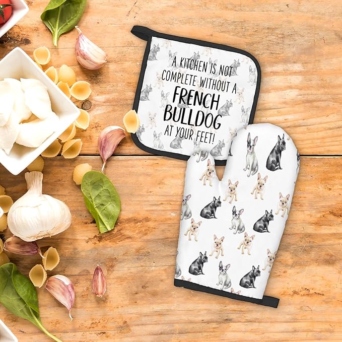 French Bulldog Dog Oven Mitts and Pot Holders Sets, Frenchbulldog Gifts Kitchen Accessories Sets, Complete Without a French Bulldog Heat Resistant Oven Glove Potholders for Kitchen Baking