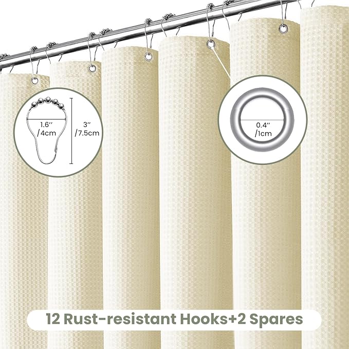 Inhousolu Fabric Shower Curtain Waffle Weave, 230 GSM Heavy Duty, Weighted Hem, 14 Metal Hooks, Water Repellent, Machine Washable, Hotel Spa Luxury Bath Curtain Set, 72 x 84 Inch, Ivory